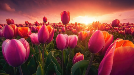 Experience the beauty of tulip fields at sunset with vibrant colors illuminating the landscape. A perfect representation of spring's natural charm.の素材