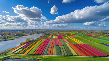 Explore a stunning panoramic view of colorful tulip fields in Keukenhof Garden, showcasing the beauty of nature during spring in the Netherlands.の素材