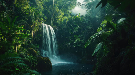 Experience the tranquil beauty of a lush tropical landscape featuring a hidden waterfall amidst vibrant greenery. Perfect for nature enthusiasts.の素材