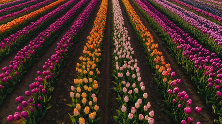 Experience the stunning beauty of colorful tulip fields during spring, featuring vibrant rows of flowers in various hues. A perfect outdoor landscape capture.の素材