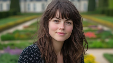 A charming portrait of a woman in a vibrant vegetable garden, showcasing the beauty of nature with blooming flowers and greenery, evoking peace and joy.の素材