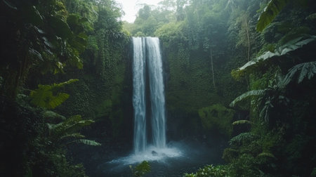 Experience a breathtaking tropical waterfall amidst a lush forest, where tranquil waters cascade gracefully. Perfect for nature enthusiasts and travelers.の素材