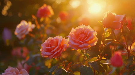 A close-up shot of vibrant roses bathed in golden sunlight, capturing the delicate colors and serene atmosphere of a tranquil garden. Perfect for nature lovers.の素材