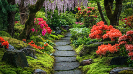 Discover a serene narrow garden walkway, beautifully bordered by vibrant flowers and lush greenery, creating a tranquil outdoor escape for nature lovers.の素材