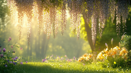 A dreamy scene in a spring park featuring cascading flowers and bright sunlight, creating a serene atmosphere perfect for nature lovers and photography enthusiasts.の素材