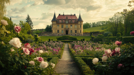 A stunning panoramic view of Krapperups Slott castle surrounded by beautiful gardens and vibrant flowers, showcasing the charm of Swedish architecture.の素材