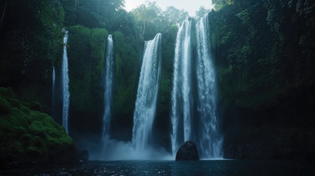 Discover a mesmerizing tropical waterfall nestled in a lush green paradise, offering a serene escape with vibrant scenery and refreshing waters.の素材