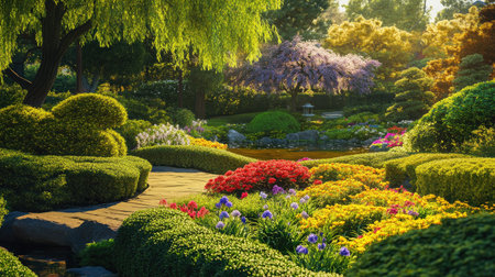 Explore a tranquil Japanese garden in Springfield, filled with vibrant flowers and lush greenery, offering a serene escape into nature's beauty and harmony.の素材