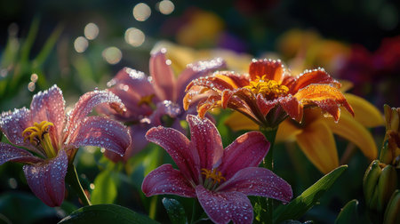 A vibrant close-up of colorful garden flowers adorned with dew drops, showcasing nature's beauty and freshness. Perfect for spring and summer themes.の素材