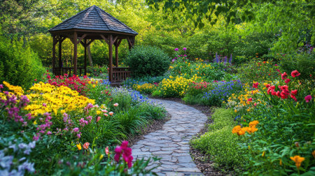 Explore a picturesque spring garden featuring a charming gazebo surrounded by vibrant flowers and lush greenery, perfect for a peaceful escape.の素材