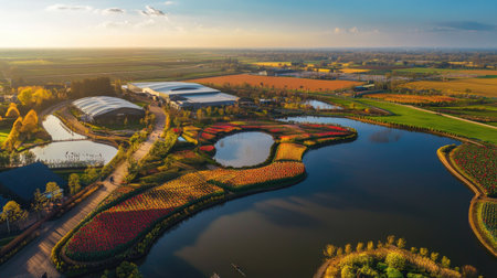 Explore a stunning panoramic view of Keukenhof, featuring vibrant tulip fields and lush landscapes, showcasing nature's beauty in full bloom.の素材