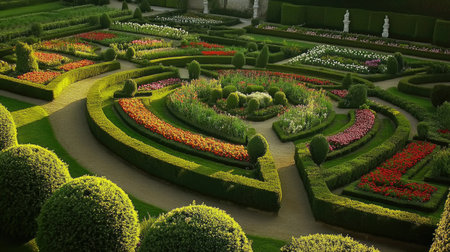Experience the serene beauty of the gardens at Chateau de Villandry, showcasing a stunning layout of vibrant flowers and meticulously designed greenery, perfect for nature lovers.の素材