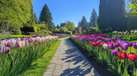 A picturesque walkway lined with blooming tulips in vibrant colors, set in a tranquil park. Perfect for a serene outdoor stroll during springtime.の素材