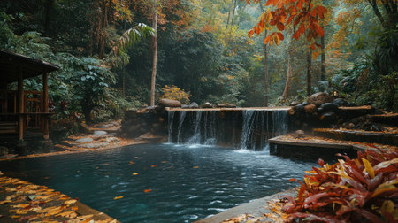 Experience the serene beauty of Huai Mae Khamin Waterfall surrounded by vibrant autumn foliage, showcasing nature's tranquility and picturesque landscape.の素材