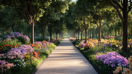 A tranquil garden pathway lined with tall trees and vibrant flowers invites a serene stroll, offering a picturesque setting filled with natural beauty.の素材