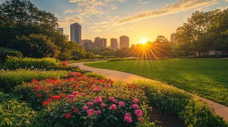 Experience the beauty of a vibrant city garden at sunset, where colorful flowers and lush greenery create a serene outdoor escape amidst the skyline.の素材