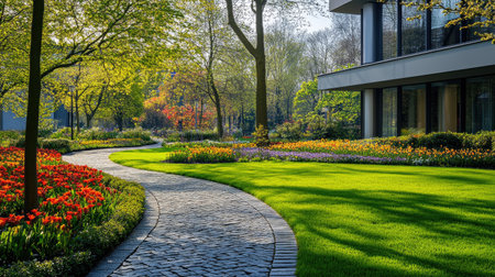 A picturesque winding stone path meanders through a vibrant garden filled with colorful flowers and lush greenery, creating a tranquil outdoor oasis.の素材