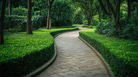 Explore a serene pathway winding through a lush green landscape, surrounded by trees and vibrant foliage, perfect for peaceful walks and relaxation.の素材