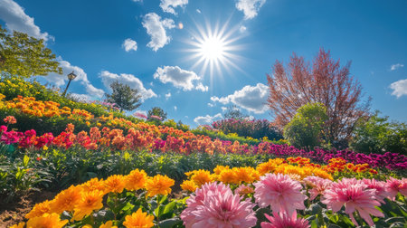 A breathtaking scene showcasing vibrant spring flowers under a radiant sun. The colorful blooms and clear blue sky create a refreshing and serene atmosphere, perfect for nature lovers.の素材