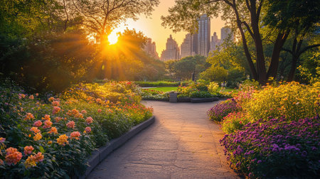 Experience the serene beauty of a vibrant city garden at sunset. This picturesque scene showcases colorful flower beds against a stunning urban backdrop.の素材