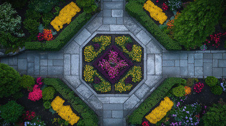 A breathtaking aerial view of a serene garden showcasing vibrant flowers arranged in geometric patterns, perfect for nature and design enthusiasts.の素材
