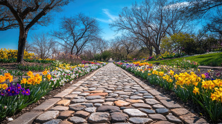 A picturesque cobblestone walkway surrounded by vibrant flowers and trees, ideal for leisurely walks in a tranquil garden setting during spring.の素材