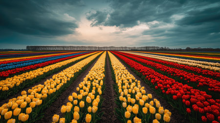 Experience the breathtaking beauty of vibrant tulip fields under a dramatic sky, showcasing a stunning array of colors in a serene landscape. Perfect for nature lovers!の素材
