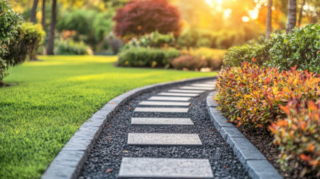 Explore a beautifully maintained pathway that winds through a vibrant garden, surrounded by lush greenery and flowers under a warm sunset glow.の素材