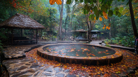 Explore a vibrant autumn scene at Huai Mae Khamin Waterfall, featuring colorful leaves and a tranquil hot spring surrounded by lush nature. Perfect for relaxation and rejuvenation.の素材