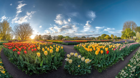 Experience the breathtaking view of vibrant tulip fields at Keukenhof Garden during spring. This stunning panorama captures the colorful blooms against a picturesque sky.の素材
