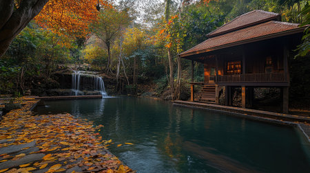 Experience the stunning view of Huai Mae Khamin Waterfall surrounded by vibrant autumn foliage. This serene landscape offers a peaceful escape in nature.の素材