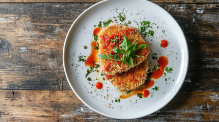 A beautifully presented Cotoletta alla Milanese on a white plate, garnished with fresh herbs and sauce. Ideal for culinary, food photography, and Italian cuisine themes.の素材