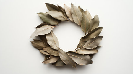 A beautiful dried bay leaf wreath arranged in a circular shape on a white background. Ideal for home decor or natural craft projects, showcasing elegant simplicity.の素材