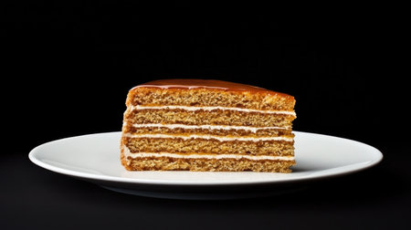 A stunning slice of layered honey cake served on a white plate, showcasing its rich texture and caramel topping. Perfect for dessert lovers and culinary inspiration.の素材