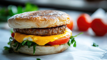 A mouthwatering breakfast burger featuring a juicy patty, melted cheese, fresh tomato, and crisp lettuce, perfect for a delicious start to your day.の素材