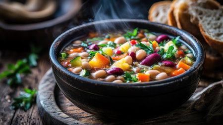 A steaming bowl of homemade ribollita packed with colorful vegetables and beans. This hearty Italian soup is perfect for a warm meal on a rustic table.の素材