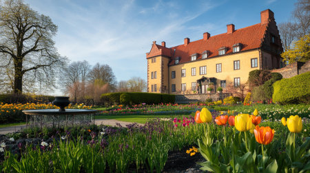 Experience a beautiful spring morning at Krapperups Slott, showcasing vibrant tulips and lush gardens under the warm sunlight, creating a serene landscape.の素材