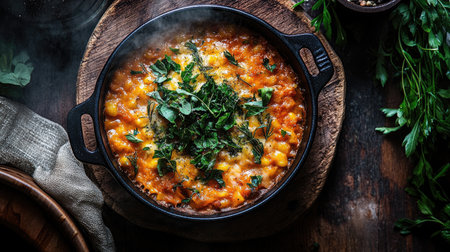 This top-down view showcases a steaming bowl of a flavorful dish, garnished with fresh herbs, set on rustic wood. Perfect for food lovers and culinary enthusiasts!の素材