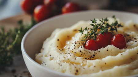 An artistic close-up of creamy mashed potatoes garnished with fresh thyme and cherry tomatoes, showcasing a delicious and inviting food presentation.の素材