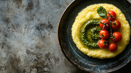 Discover an artistic aerial shot of a vibrant polenta dish topped with pesto and cherry tomatoes, beautifully presented on a rustic plate. Perfect for culinary inspirations.の素材