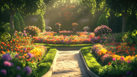 A bright and cheerful garden scene featuring vibrant flowers and lush greenery, illuminated by soft sunlight, inviting tranquility and beauty in nature.の素材