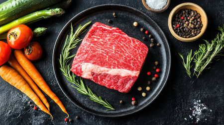 This vibrant image features raw Wagyu beef surrounded by fresh vegetables, herbs, and spices, showcasing its rich marbling and premium quality for culinary delights.の素材