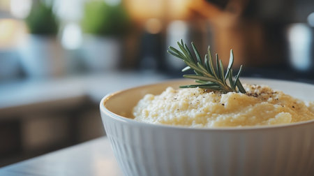 A close-up view of a creamy dish served in a white bowl, topped with rosemary. Ideal for culinary themes and kitchen settings, showcasing comfort food.の素材