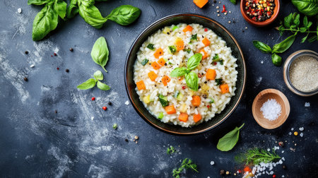 A vibrant overhead view of fresh vegetables arranged artistically on a dark surface, highlighting a bowl of rice surrounded by herbs and spices. Perfect for culinary themes.の素材