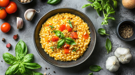 Capture the essence of vibrant cooking with this artistic overhead shot featuring fresh vegetables and a delicious risotto. Perfect for food enthusiasts.の素材