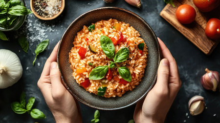 An artistic overhead shot of hands holding a vibrant vegetable dish filled with colorful ingredients and garnished with fresh basil, evoking a sense of warmth and flavor.の素材