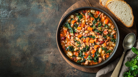 This overhead view showcases a warm bowl of ribollita, a traditional Italian soup filled with beans and vegetables, served with rustic bread. Perfect for cozy meals!の素材