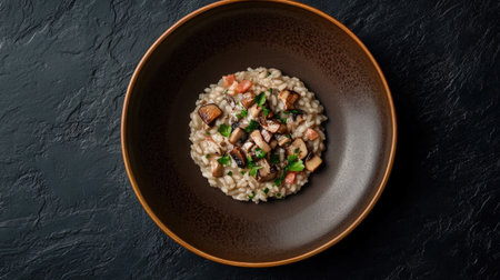An elegant flat lay showcasing a delicious Italian risotto with mushrooms, presented in a stylish bowl, perfect for culinary enthusiasts.の素材