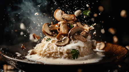 Dynamic artistic portrayal of mushroom risotto mid-air, showcasing a splash of flavor, cream, and herbs in an elegant culinary presentation.の素材