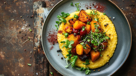 This image showcases a stylish overhead view of a plate featuring creamy polenta topped with vibrant roasted vegetables and fresh garnishes, perfect for culinary inspiration.の素材